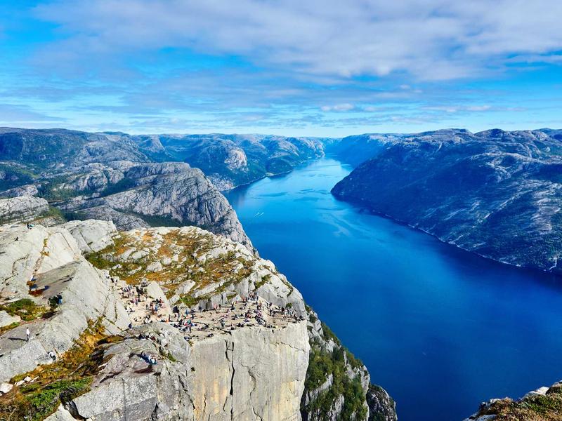 Aerial view of Preikestolen cliff edge overlooking a deep Norwegian fjord